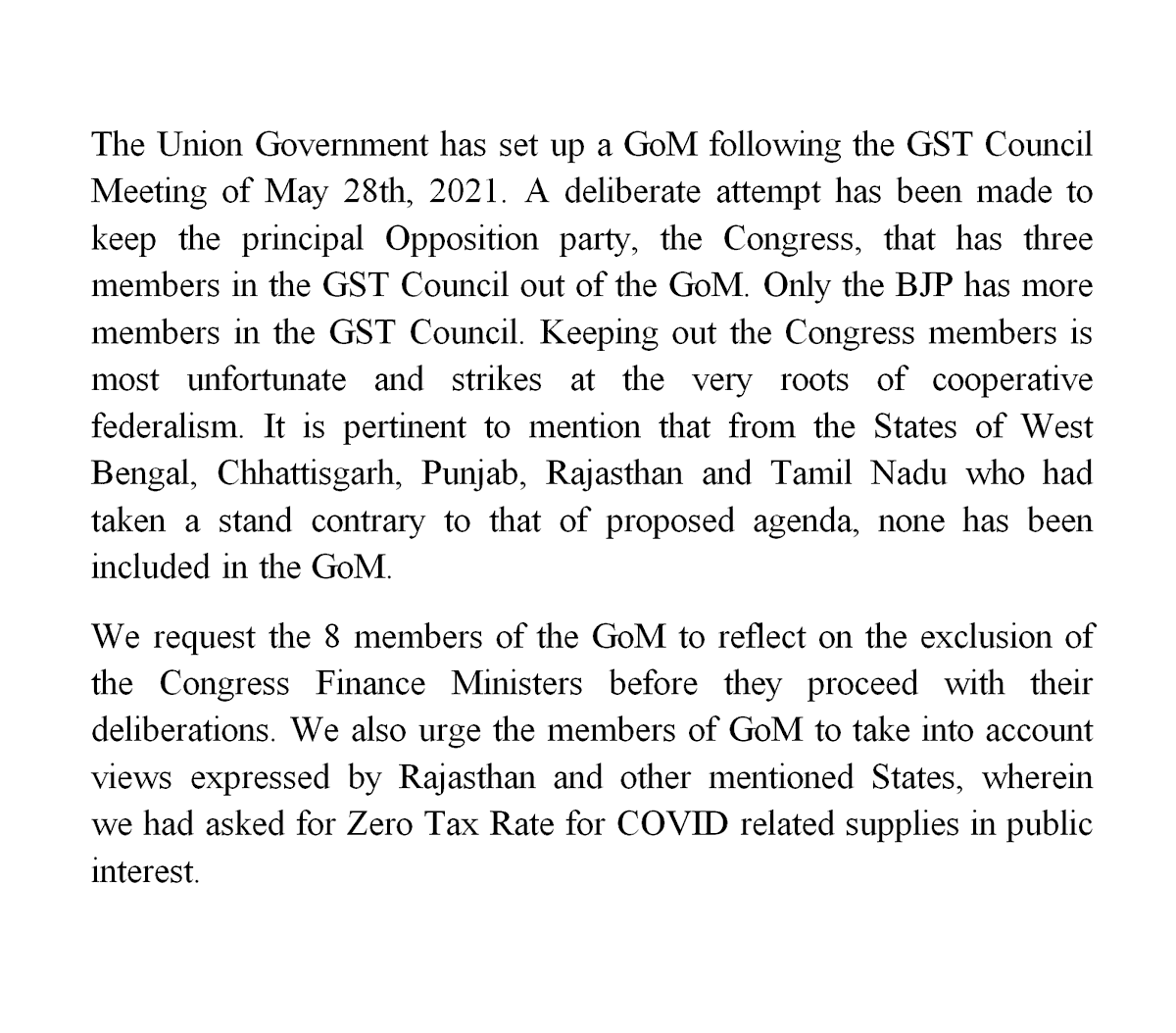 ashokgehlot51's tweet photo. The Union Government has set up a GoM following the GST Council Meeting of May 28th, 2021. A deliberate attempt has been made to keep the principal Opposition party, the Congress, that has three members in the GST Council out of the GoM. https://t.co/74V3VRXyxX