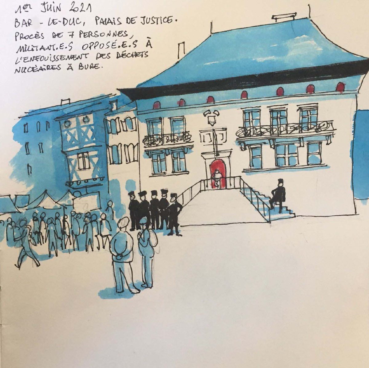 LaRevueDessinee's tweet photo. Sept opposant·e·s au projet #Cigeo comparaissent aujourd'hui à Bar-le-Duc pour un procès très politique. 
Il y est question du #nucléaire et de ses déchets mais aussi de surveillance de masse, de répression et de criminalisation des luttes. 
Croquis d'audience par Grégory Mardon https://t.co/PNZMOj2EkF