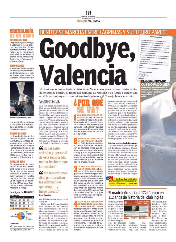 ciberchenet's tweet image. Tal día como hoy en 2004 Rafa Benítez anunció en rueda de prensa su marcha del Valencia CF tras tres históricas temporadas en las que conquistó dos Ligas y una Copa de la UEFA.