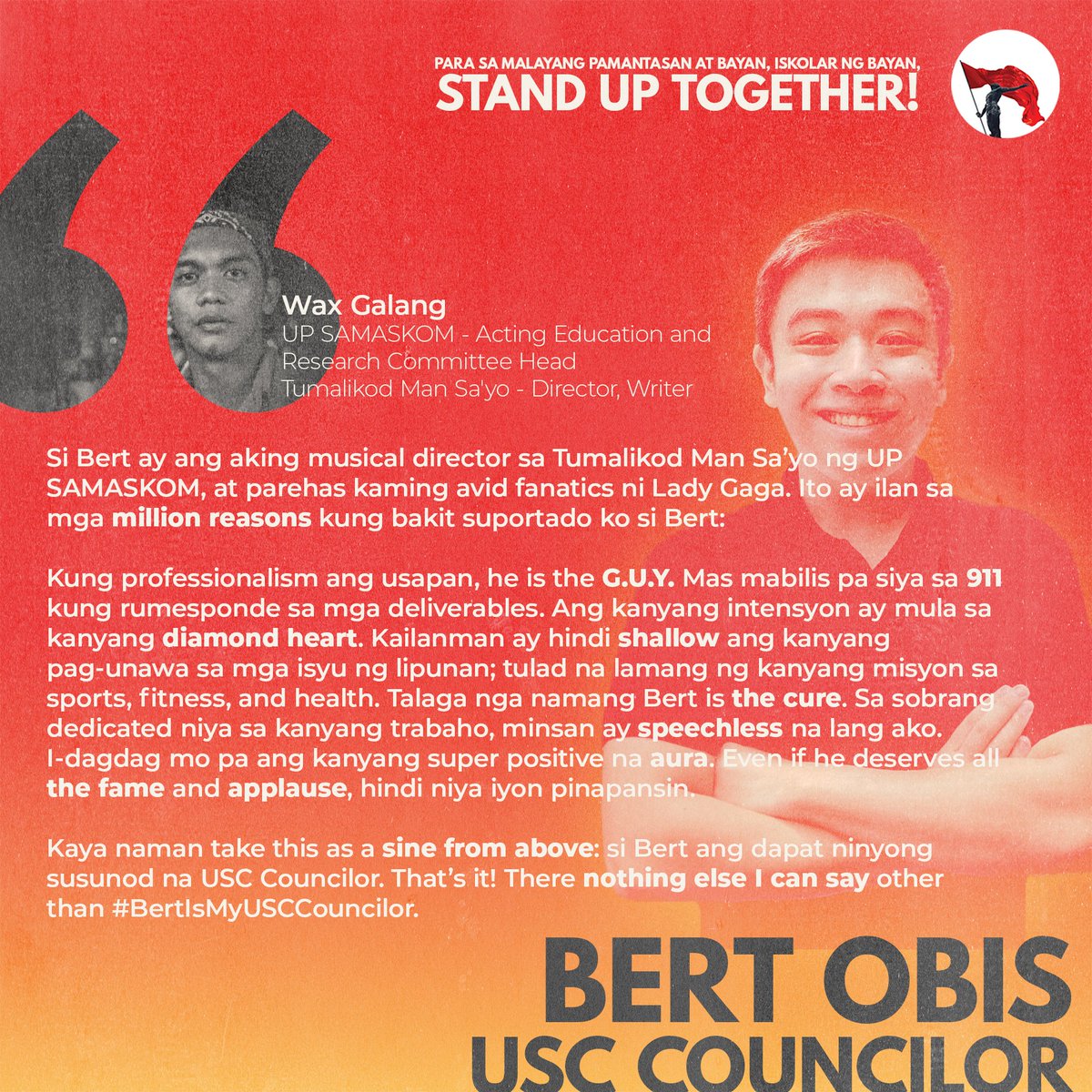 STANDwithBert's tweet photo. FOR A HEALTHIER FUTURE, #BerBerBert! #TodoNaTo 🔥

Basahin ang mga pahayag ng mga nakatrabaho ni Bert sa UP Samaskom at higit na kilalanin pa ang inyong masipag at multitalented na USC Councilor! https://t.co/oI6cAKzaaP