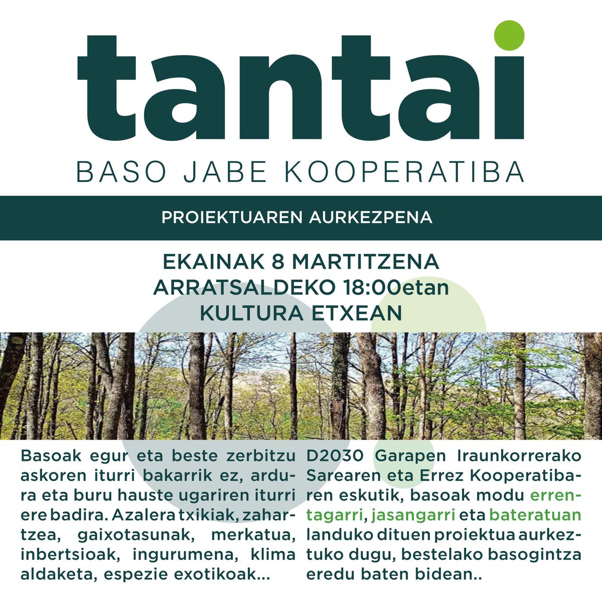 Debagoiena2030's tweet photo. #BasogintzaJasangarria: Ekainaren 8an Aramaion izango dira #Errez-eko lagunak. #Tantai Baso jabe kooperatibaren proiektua aurkeztuko dute bertan. Eman izena! https://t.co/p10QI1mBew