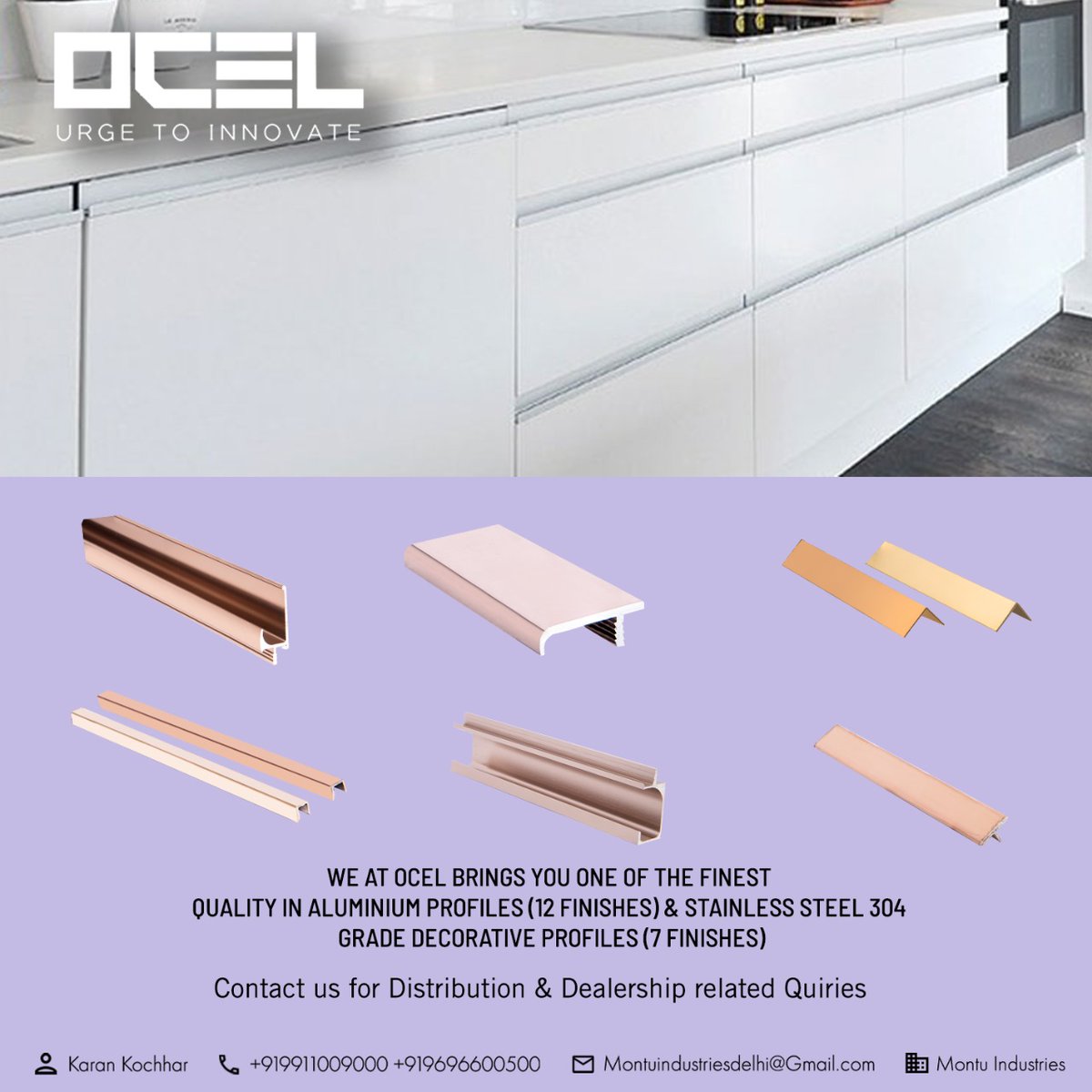 HardwareSamachr's tweet photo. We at OCEL Brings to you one of the finest quality in Aluminium Profile (12 Finishes) & Stainless Steel 304 Grade Decorative Profiles (7 Finishes)
#OcelAsia #MontuIndustries #Delhi #OcelPro #SSProfiles #DecorativeProfiles #UProfiles #TProfiles #LProfiles #AluminiumProfiles https://t.co/CJOA00S81P
