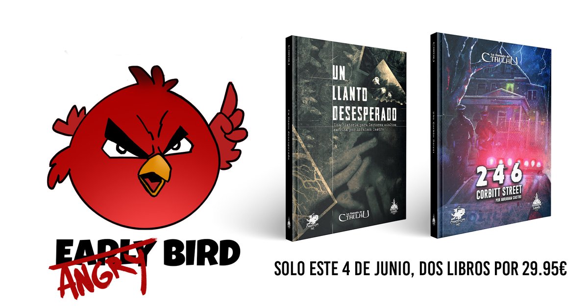 Shadowlandsed's tweet photo. El viernes estrenamos nuestras primeras aventuras originales para #LaLlamadaDeCthulhu, con una oferta #angrybird y #SORTEO ‼️  

Para ganar un pack con «246 Corbitt Street» y «Un llanto desesperado»...
1️⃣ Síguenos 
2️⃣ Haz RT 
3️⃣ Responde a este tuit y dinos con quién las jugarías https://t.co/3IGmk0eo8h