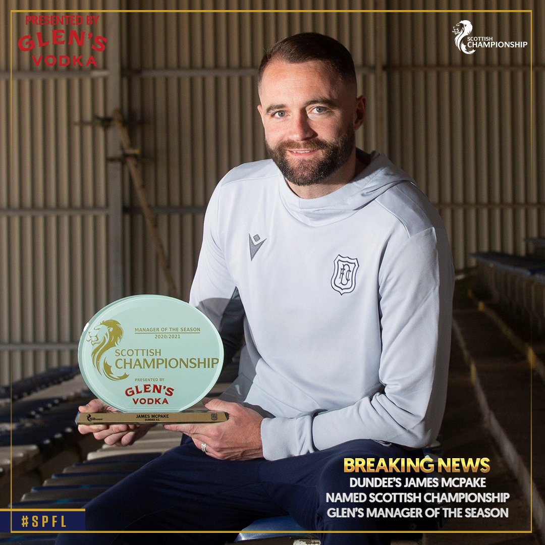 spfl's tweet photo. 🏆 Congratulations to @DundeeFC's James McPake who has been awarded the SPFL Championship Manager of the Season award, presented by @GlensVodkaLLG! 🙌 https://t.co/yNpOhCL9HA