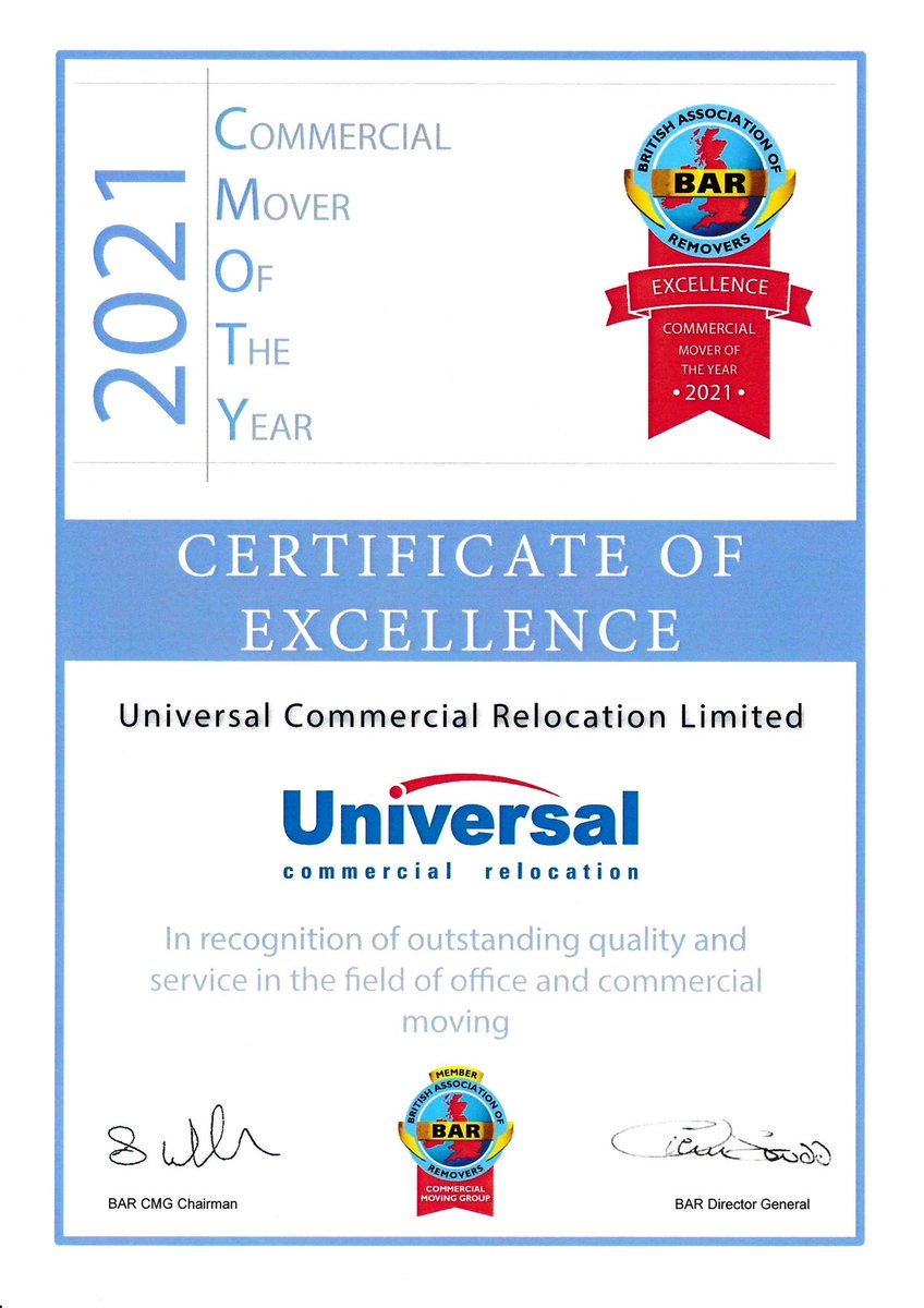 universal_comm's tweet image. Delighted to announce that Universal was runner up in the Commercial Mover of the Year 2021 competition and has now received our Certificate of Excellence "in recognition of outstanding quality and service in the field of office and commercial moving" #cmoty #removals #relocation