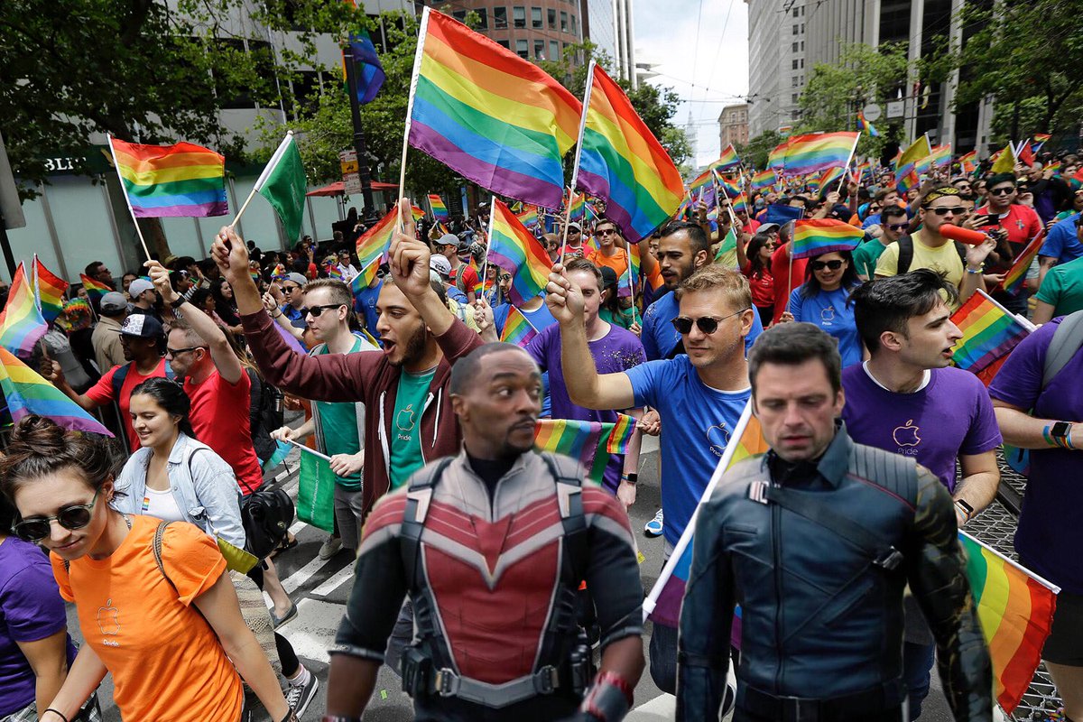 buckyslocation's tweet image. bucky is at a pride parade with sam