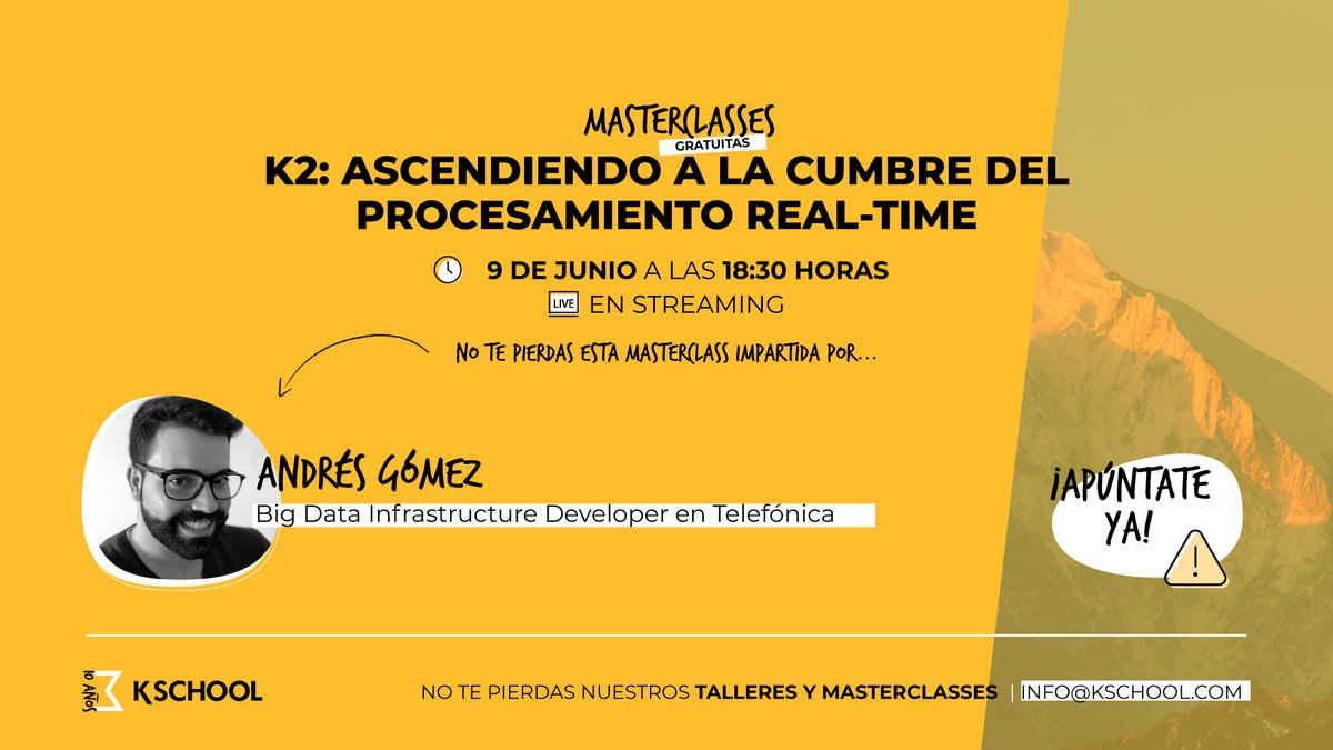 ¡Masterclass gratuita sobre desarrollo de una arquitectura de procesamiento en tiempo real!

🗓 Miércoles 9 de junio
⏰ 18:30h
💻 En Streaming

¿Te vienes? bit.ly/3pkBKtX

#KSchool #Webinar