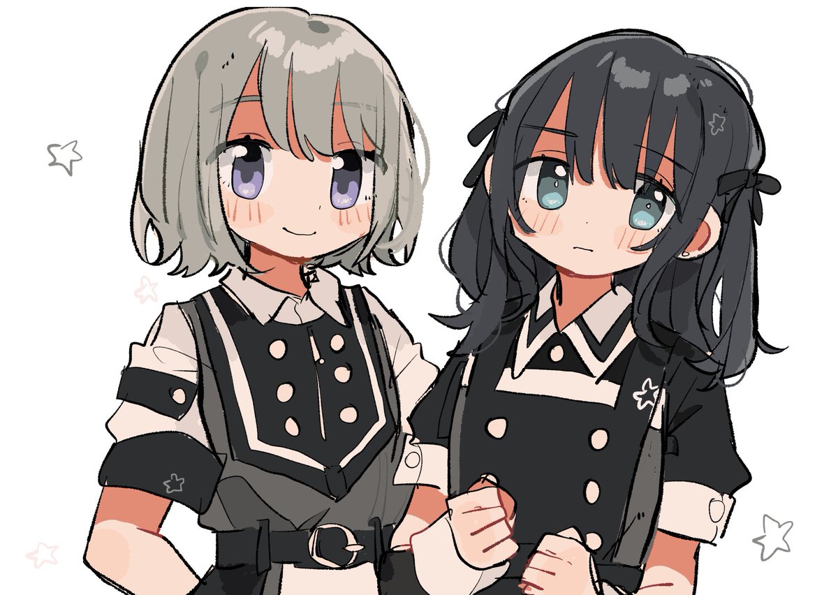 multiple girls 2girls grey hair black hair buttons white background short sleeves  illustration images