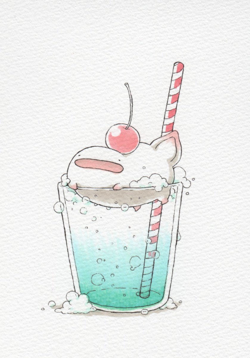 「オオサンショウウオ、ひんやりドリンク。

今日は涼しげな飲み物シリーズをまとめて」|モコ@うおマロ漫画更新中です！のイラスト
