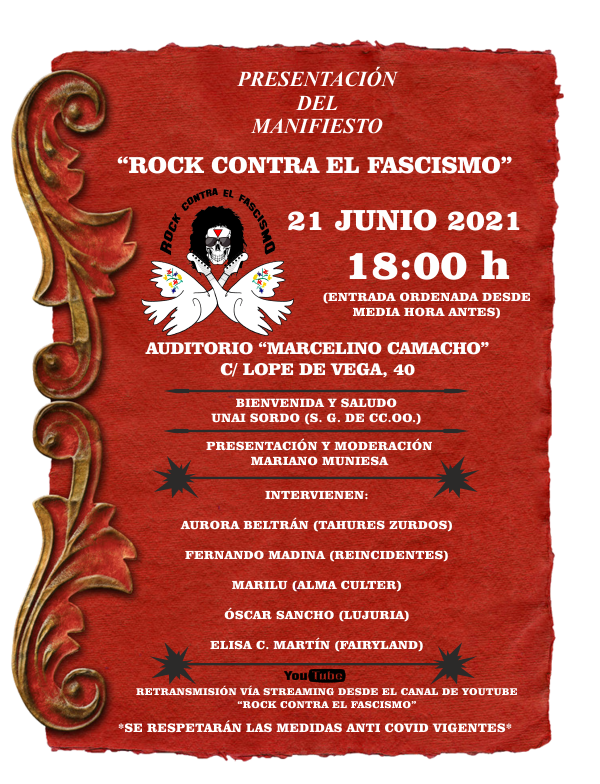Rockcontraelfa1's tweet photo. SE PRESENTA ROCK CONTRA EL FASCISMO. 
Aquí los detalles, leedlos por favor. Gracias.
https://t.co/QIyNzLdMpH
@reincidentesofi  @Mariano_Muniesa @AuroraGila @tallerdevox @CCOOMadrid @AngelusApatrida @BeatrizTalegon @MariaSenovilla @vuelofenix_r3 @Antifaxismoa  @carnecrudaradio https://t.co/OCfXM1Suqt