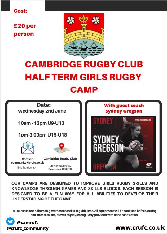 Looking forward to our Girls Only Camp with <a href="/sydneygregson/">Sydney Gregson</a> tomorrow. <a href="/camrufc_rubies/">Cambridge Rubies</a> <a href="/camrufc/">Cambridge Rugby 🏉</a> few spaces available, get in touch to book on #rugbycoaching #girlsrugby #rugby