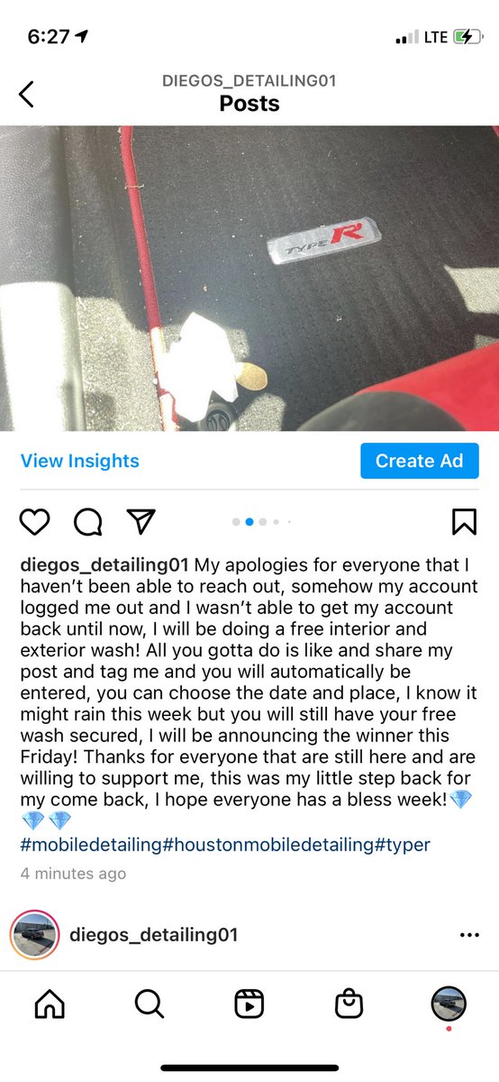My gram had locked me out from my account for some reason :( glad I got it back so give it a follow, doing a free wash interior and exterior, so go check it out! Hope y’all have a great day guys thank you.