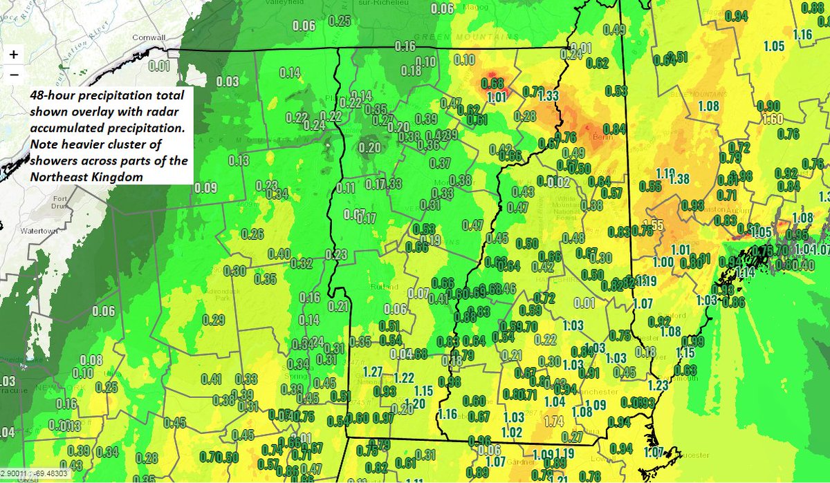 wxeringheights's tweet photo. 2-day (#StormTotal) beneficial rainfall amounts shown. A cluster of heavier rain showers developed and slowly drifted into New Hampshire and Maine late yesterday but not before adding up over an inch near #CrystalLake & #LakeWilloughby in #Vermont's #NortheastKingdom. https://t.co/EYiK7c1KQm