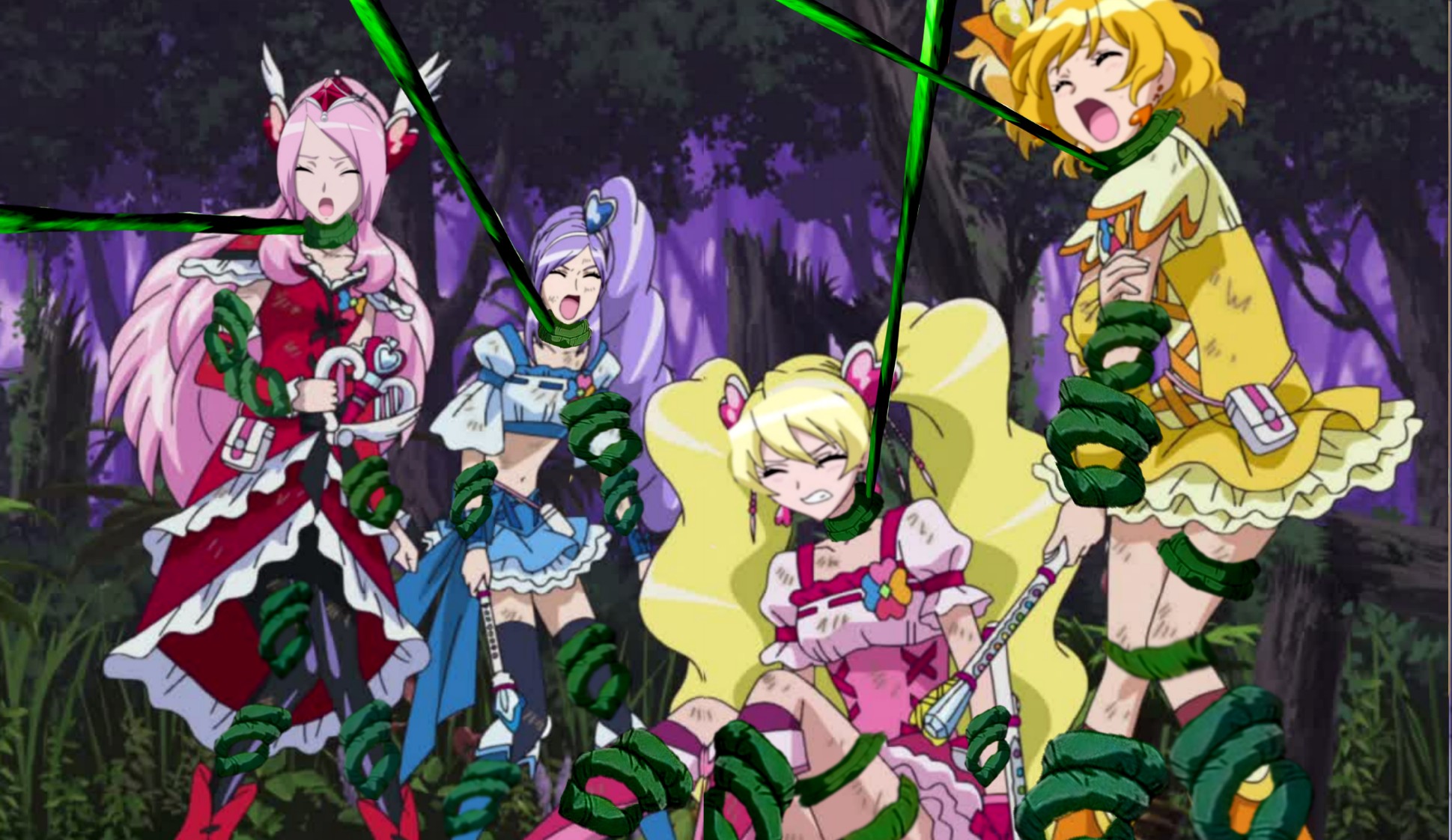 ヒロピン小僧 仮 フレッシュプリキュア より 植物の蔦のような触手に絡み付かれ締め上げられてしまう4人 キュアピーチ キュアベリー キュアパイン キュアパッションは成す術もなく拘束されてしまう プリキュア 首絞め ヒロピン T Co
