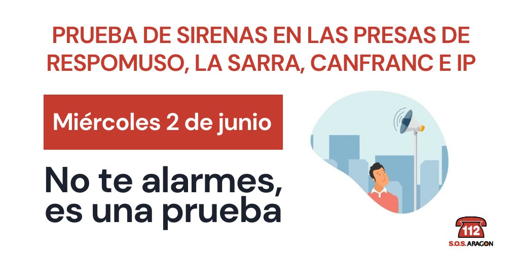 112Aragon's tweet photo. 🔊 Mañana, miércoles 2 de junio, se realizará en las presas de #Respomuso, #LaSarra, #Canfranc e #Ip una prueba del sistema de #sirenas de avisos a la población en caso de #emergencia.
Si vives en #SallentDeGállego, #Villanúa y #Canfranc y escuchas las sirenas, ¡no te alarmes! https://t.co/mUIFuXBFxC