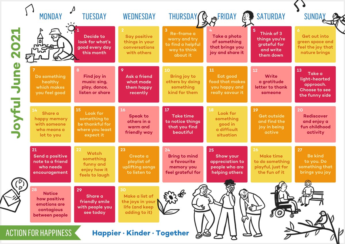 WithYouLancs's tweet photo. The theme for this month's Action For Happiness calendar is #joyfuljune 
Daily actions to help you appreciate the little things and find more joy. https://t.co/SnJtxuNX6x