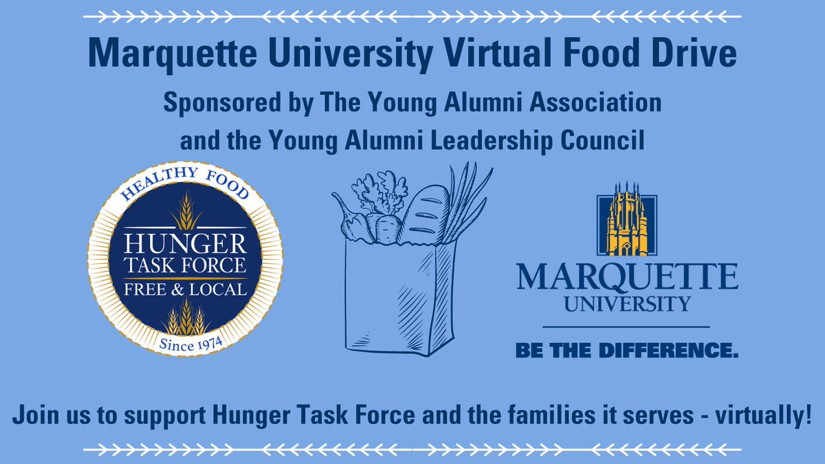 MUYoungAlumni's tweet photo. The Young Alumni Association has partnered with @hungertaskforce to host a virtual food drive to help make a difference for someone in the Milwaukee Community. This virtual service opportunity runs from June 1-13.
Get involved today! https://t.co/akIvZVuXMU.
#MUAlumniForOthers https://t.co/WG5o5HlnV5