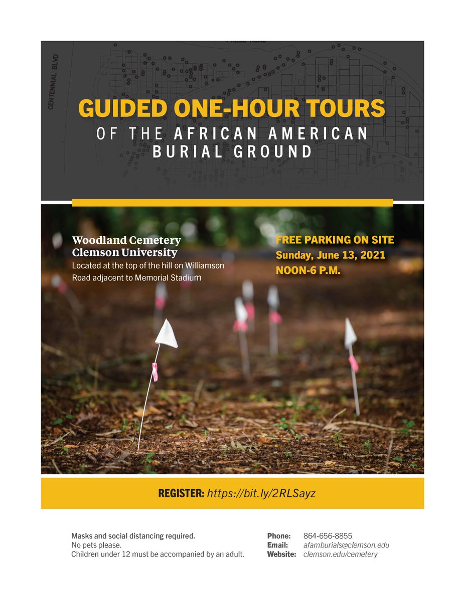 One-hour guided tours of the African American Burial Ground in Woodland Cemetary will be held on Sunday, June 13th from 12:00-6:00PM. Sign up today and leave with a more transparent and accurate understanding of Clemson's history. 

Register here: bit.ly/2RLSayz