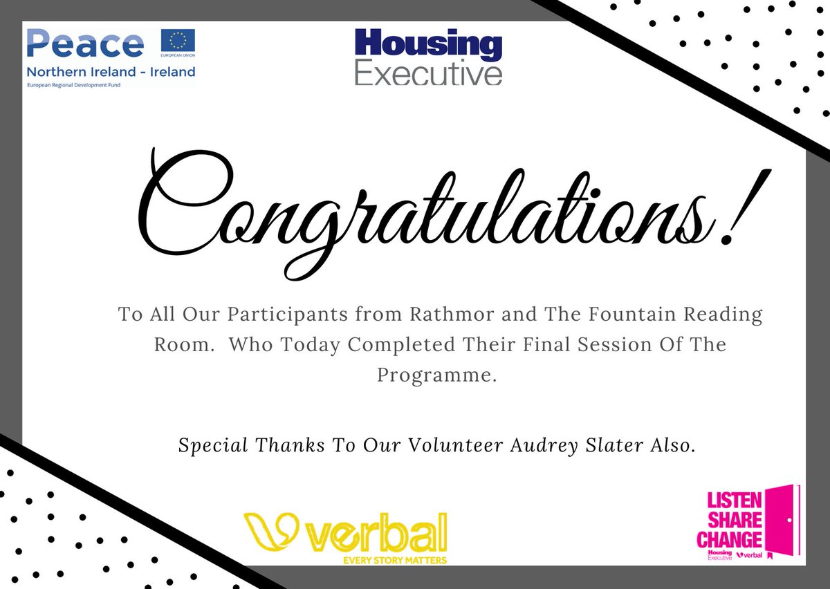 LSCVerbal's tweet photo. A Huge Congratulations and Thank You to all our Participants from The Rathmor and Fountain Reading Room. Thank you for your continued dedication and support to the Programme. 

@SEUPB

@nihecommunity 

#NIHE #Everystorymatters #VolunteersWeek #SEUPB #VERBAL #LSC #Sharedreading https://t.co/XeVNoDnMwB