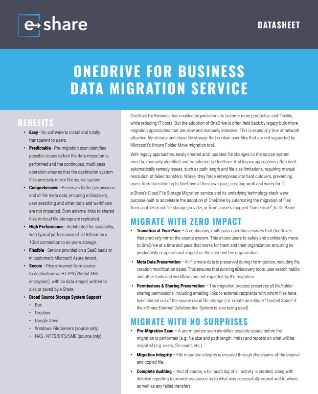 e_share_'s tweet image. Learn how our #CloudFileStorage Migration service was built to accelerate the adoption of @OneDrive by automating the migration of files from another cloud file storage provider, or from a user’s mapped “home drive”, to #OneDrive. bit.ly/3fXr1kQ #onedriveforbusiness