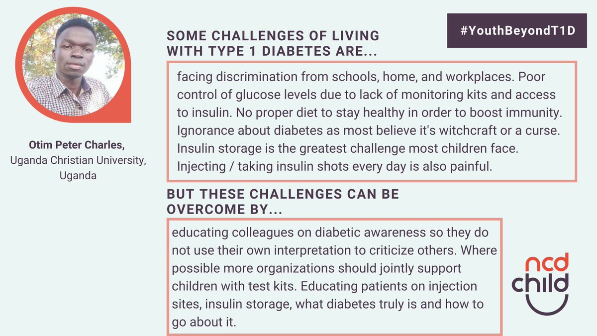 NCDChild's tweet photo. This week on #YouthBeyondT1D, Otim , #youth living in 🇺🇬 says he faces discrimination at school, home and workplace because he has #T1D. See what he thinks will help others living with #diabetes overcome the same challenges he has experienced.
🖥️https://t.co/r4yIhIb9HG https://t.co/8Nz2cQlGAb