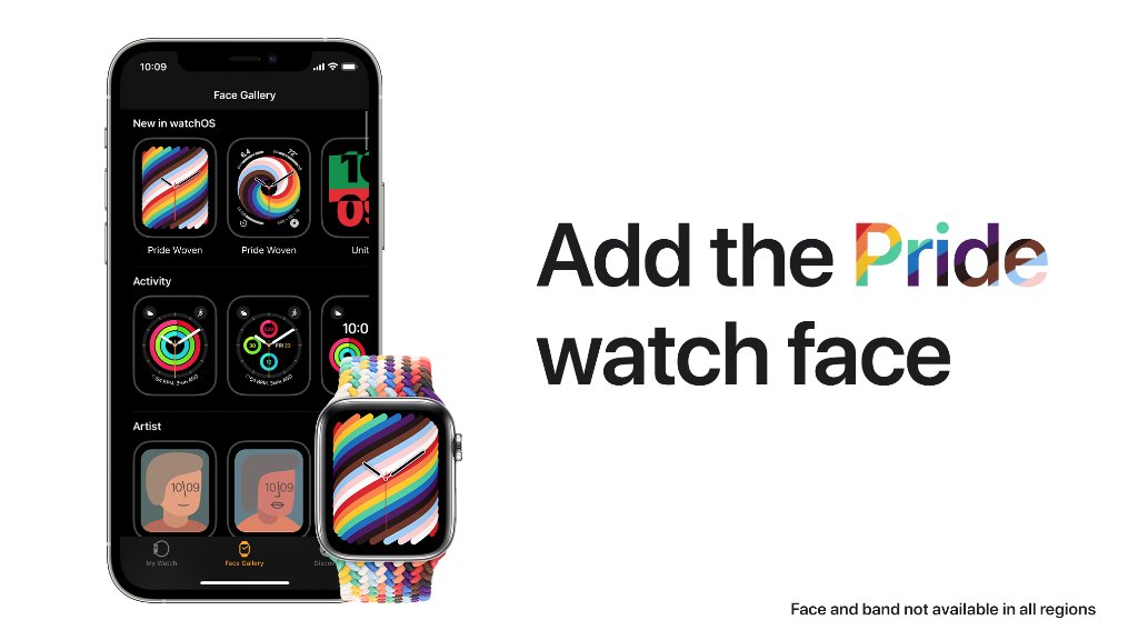 Add the Pride watch face to your Apple Watch. This year’s Pride watch face and Pride Edition Solo Loop watch band weave together the traditional rainbow colors with colors drawn from various Pride flags. Face and band not available in all regions.
