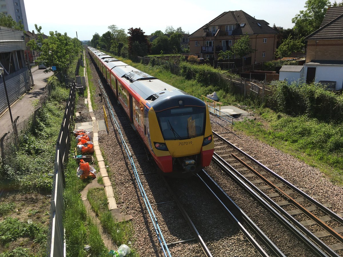 A South West railways,Class707 departing Feltham for Windsor,this afternoon.