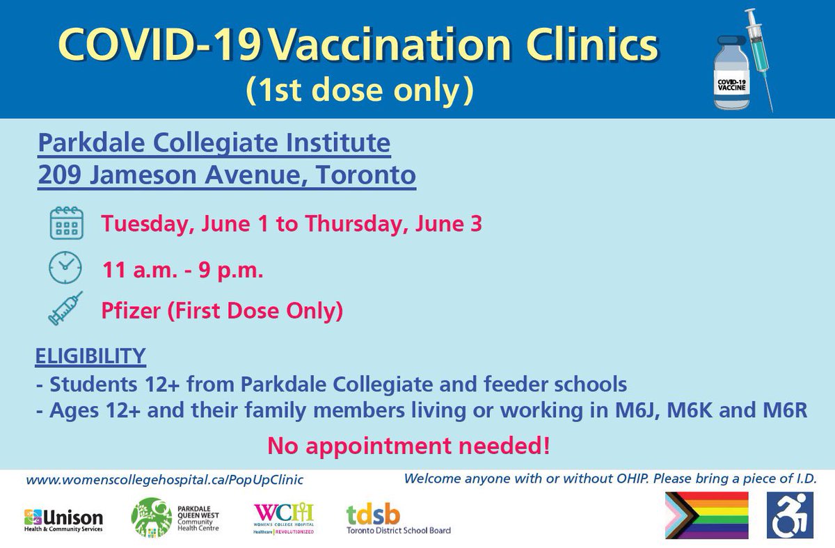 WCHospital's tweet photo. 🚨12:30PM UPDATE🚨 FREE LUNCH + DRINK (samosas &amp; pasta) for those who get vaccinated at our clinic! Thanks @SevaKitchen for the donation.

📍Parkdale C I (209 Jameson Ave)
✅12+ from Parkdale C I and feeder schools, and 12+ living or working in M6J, M6K and M6R. 

1ST DOSES ONLY https://t.co/C90bayIe2B