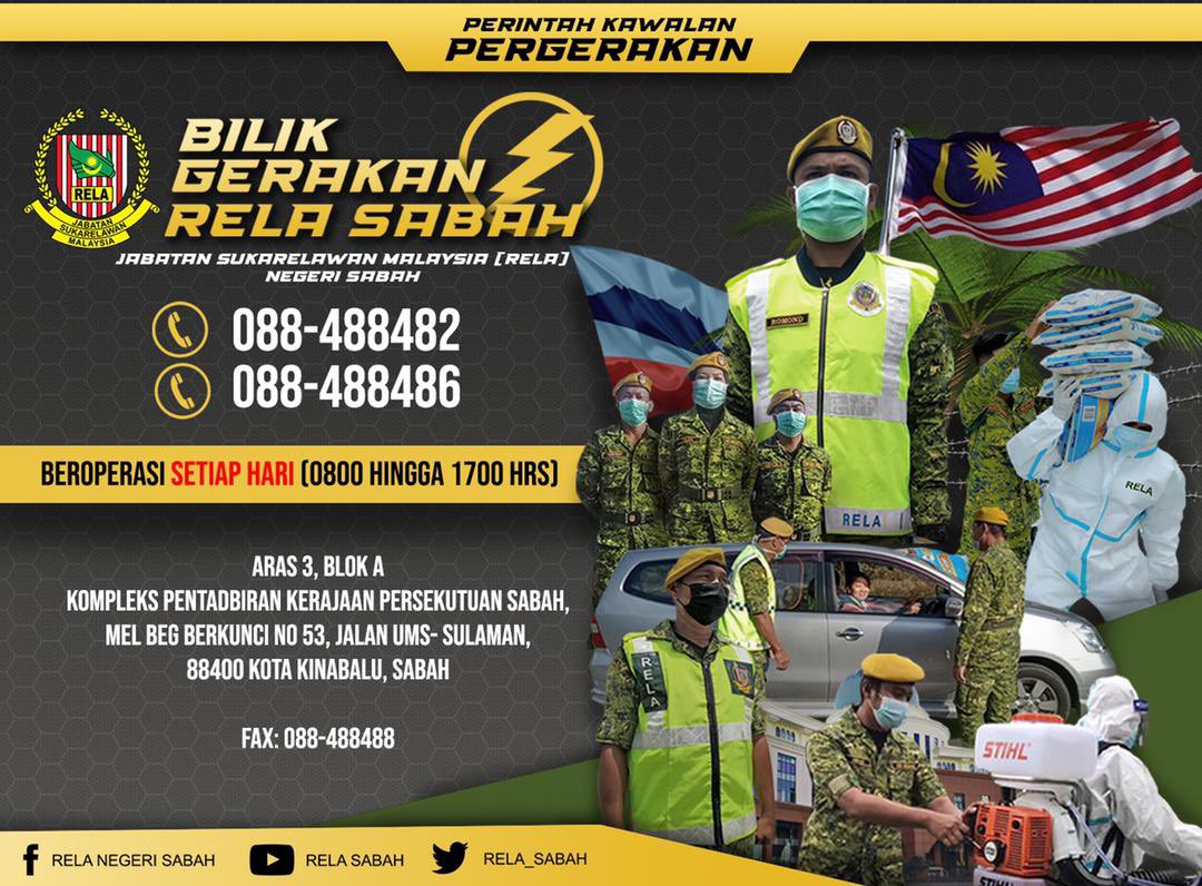 Bilik Gerakan Jabatan Sukarelawan Malaysia Negeri Sabah dibuka dari jam 0800 hingga 1700hrs setiap hari.

Lebih daripada 1000 Pegawai dan anggota RELA bertugas di seluruh Negeri Sabah semasa Perintah Kawalan Pergerakan 3.0 dilaksanakan.
#SetiaBerbakti <a href="/relamalaysia/">relamalaysia</a> <a href="/yahyakgc/">Yahya Sulaiman</a>