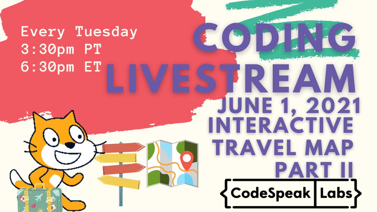 codespeaklabs's tweet image. Join today&apos;s live stream for the second part of a travel themed Scratch project! We&apos;ll continue with creating interactive map of a country of your choice. If you missed last week, I&apos;ll give you the code so you can continue from where we left off: youtube.com/codespeaklabs