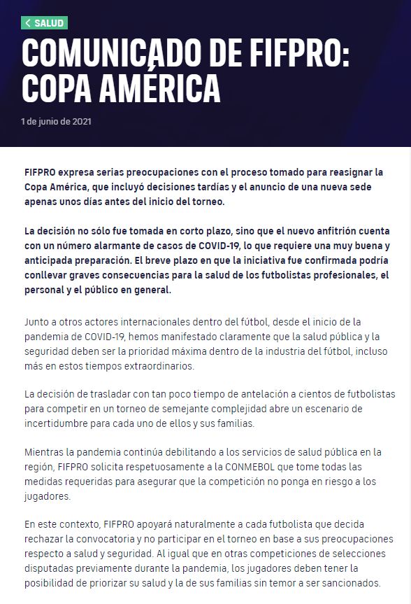 FIFProAmerica's tweet photo. 📢 ¡IMPORTANTE! Comunicado de @FIFPRO  @CONMEBOL @CopaAmerica 
Toda la información aqui: 👉 https://t.co/V2VQJ81XY3 https://t.co/PyHb2VyK2n