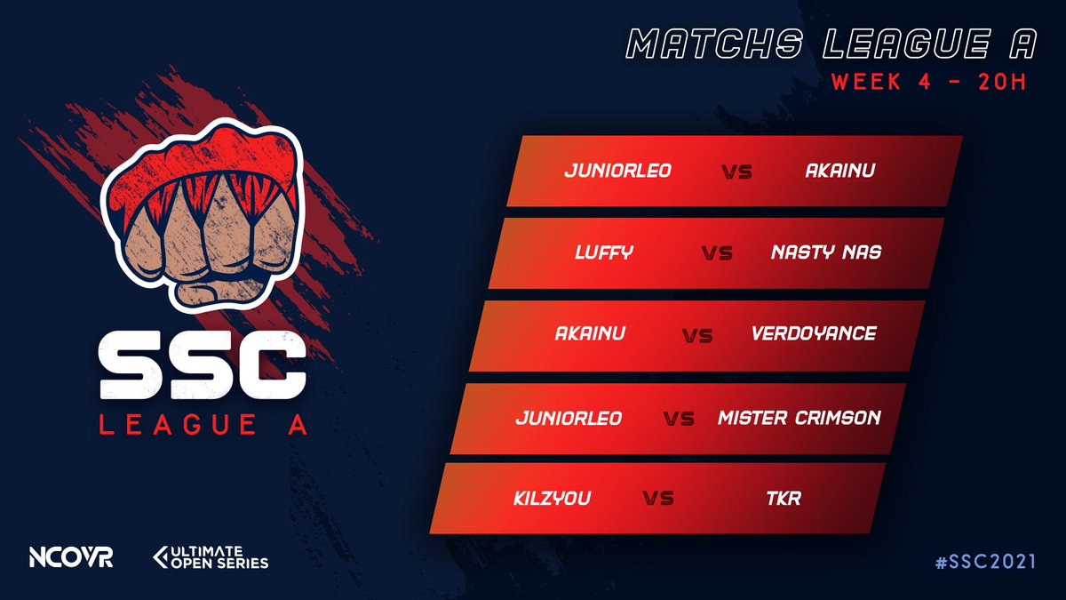 SSC_FR's tweet image. Grosse journée ce soir avec 5 matchs pour la league A du SSC !

@JuniorL3o vs @Akainuuuuu 
@Louffy086 vs @Nas_SFV 
@Akainuuuuu vs @Verdoyance 
@JuniorL3o vs @MistahCrimson 
@Kilzyou vs @TKResport 

🕗20h
📺twitch.tv/luffy086
🎙️@GL_Abou &amp;amp; @Konvyy 

#SSC2021