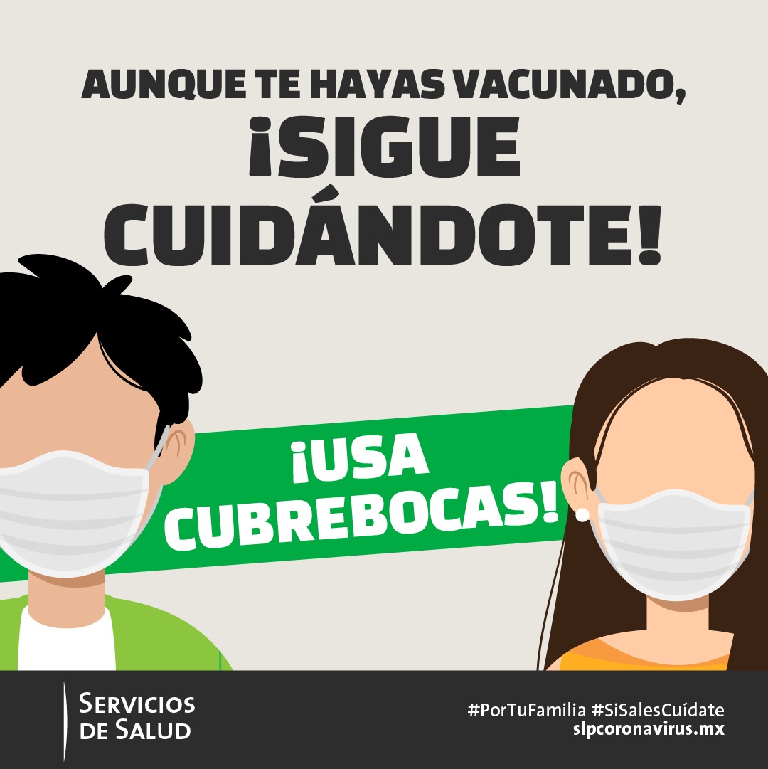 STPSSLP's tweet photo. Aunque te hayas vacunado, mantén las medidas de prevención para reducir el riesgo de contagio de COVID-19. https://t.co/f3SGRK3KQx