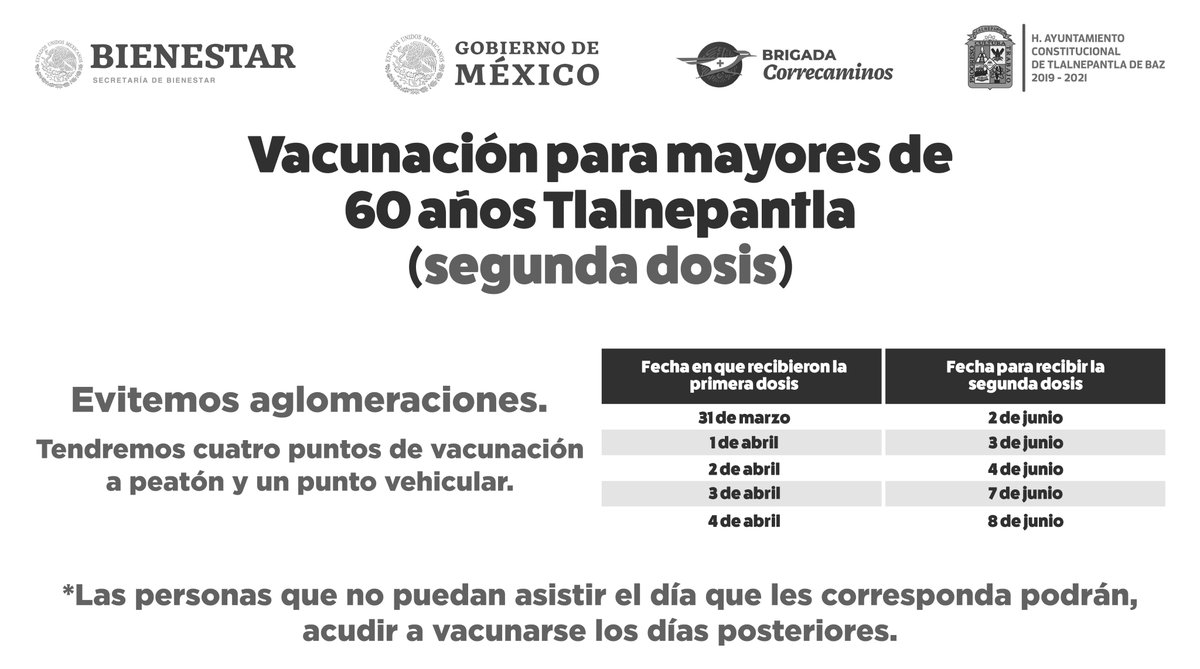 Gob_Tlalne's tweet image. 💉 Este 2 de junio inicia la aplicación de la segunda dosis de la #VacunaCOVID19 a personas de 60 años y más en #Tlalnepantla.

⚠️ Acude el día que te corresponde y dentro del horario de servicio para evitar aglomeraciones y afectaciones viales.

#VacunaciónTlalnepantla
