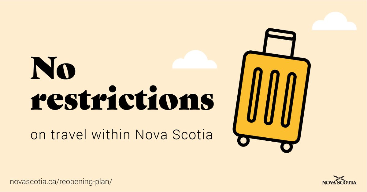 nsgov's tweet image. Effective today June 1, travel throughout Nova Scotia is permitted for everyone in the province. Please make sure you are still following all public health measures and respecting gathering limits. 
To learn about Nova Scotia’s reopening plan visit: novascotia.ca/reopening-plan/ .