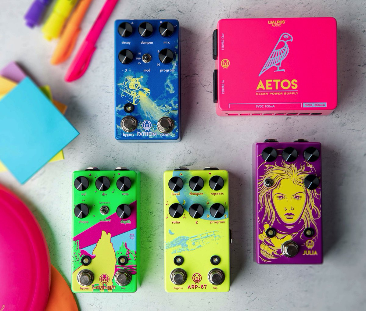 WalrusAudio's tweet photo. ☀️ Let’s brighten up your summer a bit. #limitededition 90s vibe neons available online and in store through @guitarcenter. Trapper keeper sold separately.
🔵 #fathomreverb
⚪️ #aetospowersupply
🟢 #monumenttremolo
🟡 #arp87delay
🟣 #juliachorus https://t.co/QiqLOLe25W