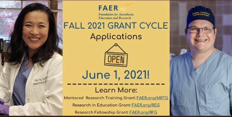 #anesthesia Twitter friends. Please spread the word that the <a href="/FAERanesthesia/">FAER</a> training grant cycle is now open! These are important opportunities for training and planning for a career in research