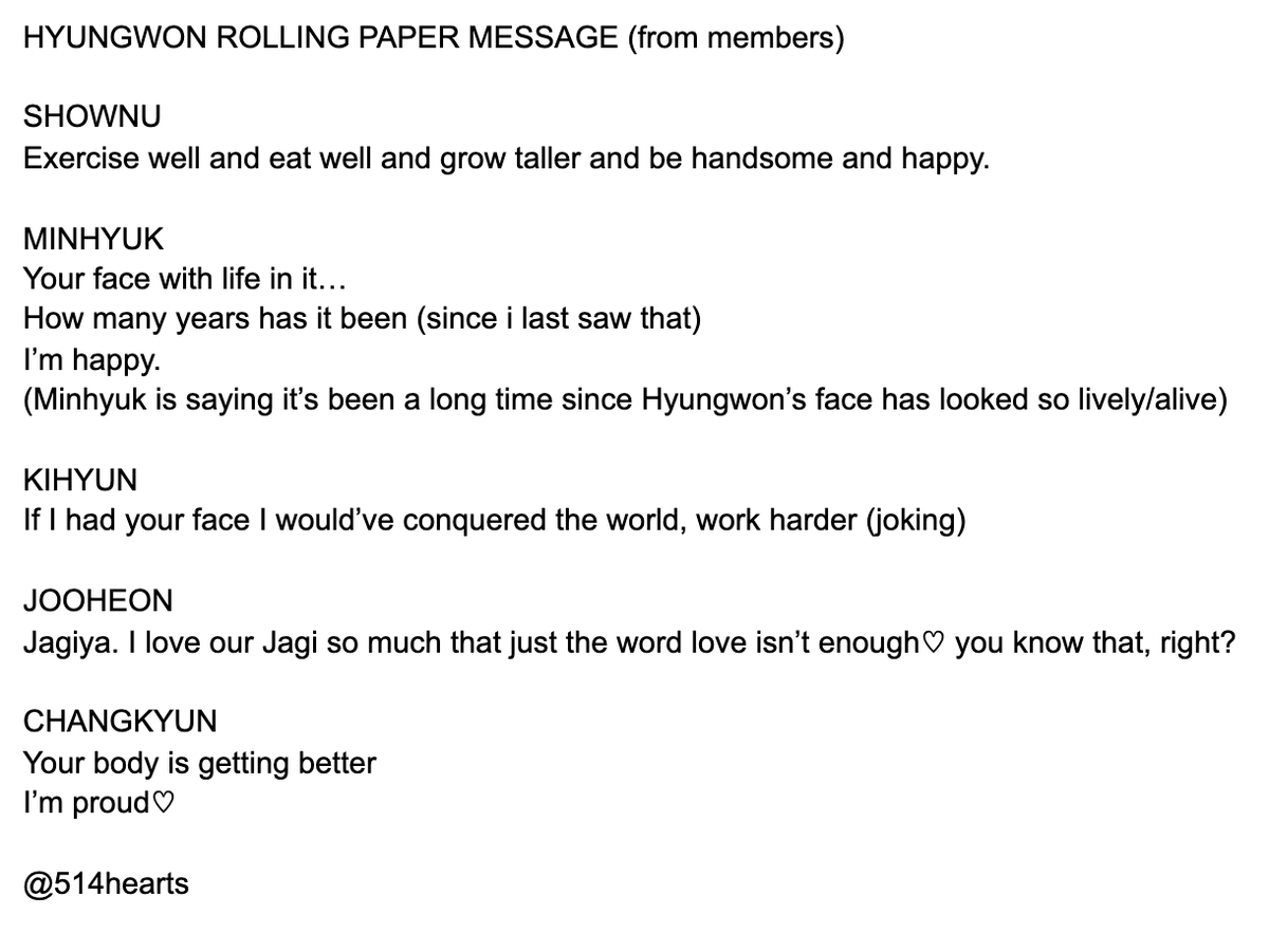 514hearts's tweet photo. HYUNGWON ROLLING PAPER MESSAGE TRANSLATION: DO NOT REPOST PLS https://t.co/XkfA5cabB6
