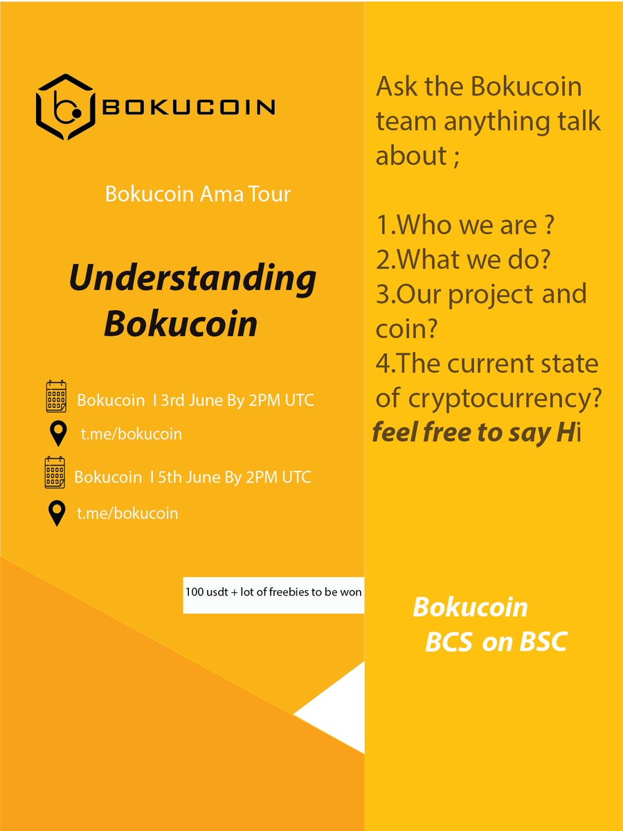 Join us on June 3 🗓 at 2pm UTC ⌚️ for an AMA in the Bokucoin #BCS Telegram group with the team of developers led by ELKAY 
 
🏆 There will be 100USDT to be won &amp; lots of freebies, so don't miss out and save the date! #BSC  #BNB 

Get involved ▶️ t.me/bokucoin