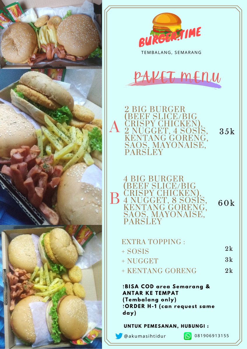 Hallo kak👋🏻 bagi yang sedang mencari burger box area Semarang (khususnya Tembalang) aku jual nih paket burger box🍔🤤 BIG BURGER ya😊
🌼1 burger dapat 2 slice beef
🌼Ada varian BIG crispy chicken
♡♡♡♡♡♡♡
Untuk order bisa DM/WA aku ke link ini👇🏻👇🏻👇🏻
bit.ly/3i8Z4cc