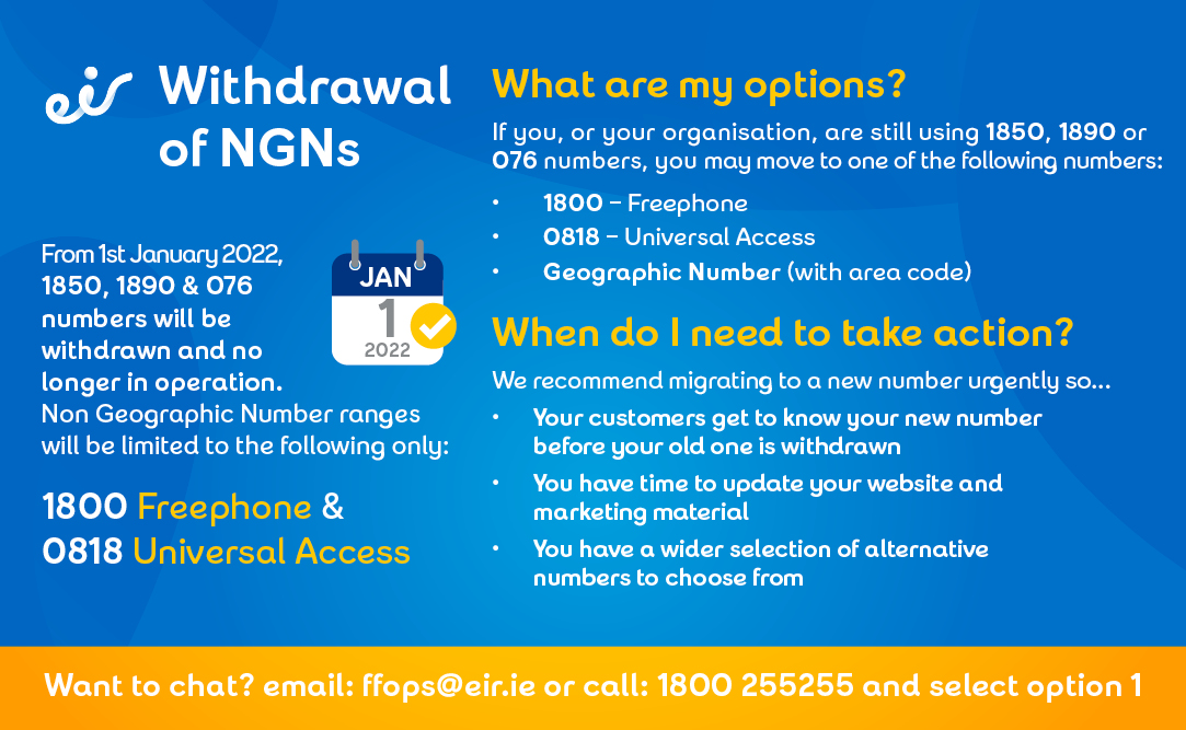 eirBusiness's tweet photo. If your organisation uses 1850, 1890 or 076 phone numbers, please take action as soon as possible as they are being withdrawn from use by @comreg . We're here to help. Email: ffops@eir.ie or call: 1800 255 255, selecting option 1. https://t.co/VJN6zeMFJc