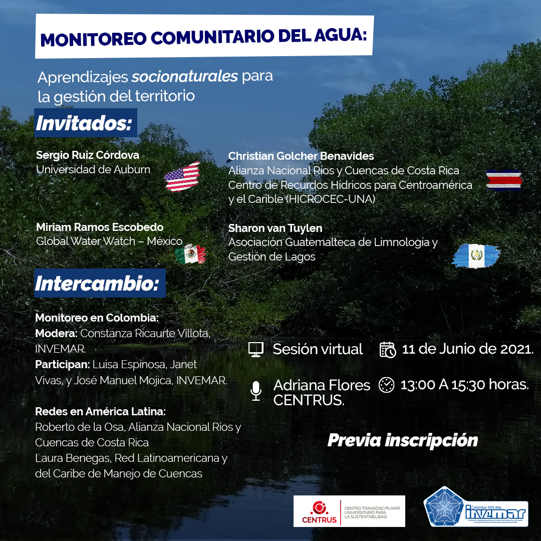 Ven a escuchar la charla de los colegas que compartirán su experiencia en monitoreo comunitario del agua. 
<a href="/IberoLRCS/">CENTRUS-LRCS</a> <a href="/IberoCentrus/">Centrus - Transdisciplina para la Sustentabilidad</a>