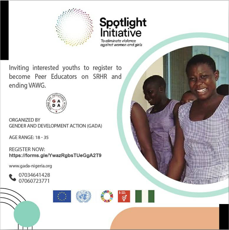 Calling on interested youths to enroll to be trained as Peer Educators on Sexual and Reproductive Health and Rights, and Ending Violence Against Women and Girls.

Fill the form below ⬇️
forms.gle/YwazRgbsTUeGgA…
#GADASpotlight
#EndingViolenceAgainstWomenAndGirls
@GlobalSpotlight