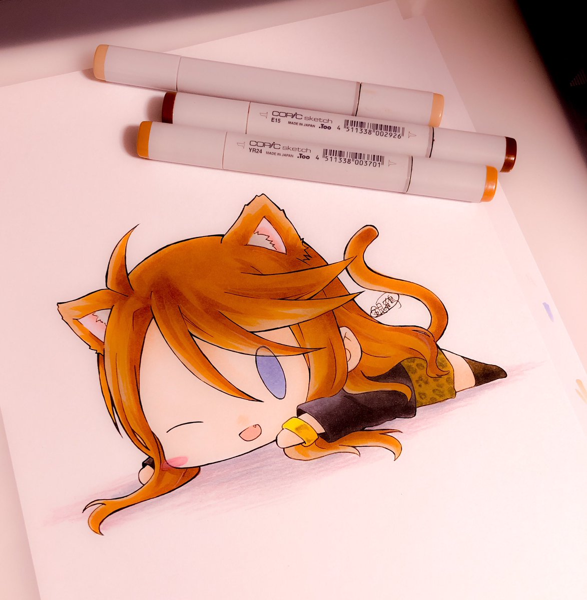 1girl animal ears tail solo traditional media chibi one eye closed  illustration images
