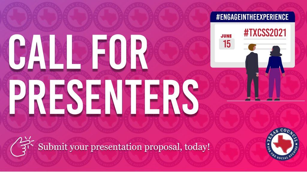 TxSocialStudies's tweet photo. #EngageintheExperience
Call for Presenters 
Spread your Enthusiasm. Share your Skills and Ideas. Be a Presenter!
Deadline June 15
Visit https://t.co/px3nmk5wjy
#txcss21 https://t.co/60wT7PqRRy