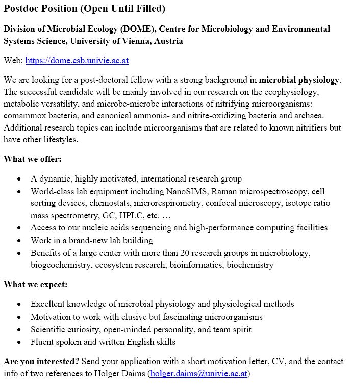 We have an open Postdoc position at DOME in microbial physiology (#comammox, #nitrifiers, other chemolithotrophs)! Interested in fun science? Send me an email to apply!