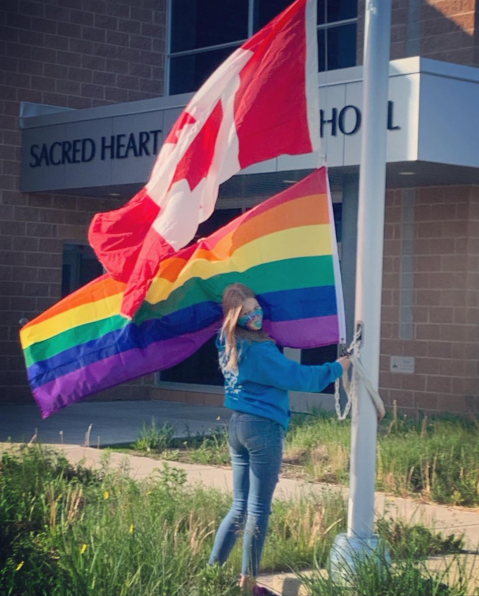 MeaghanTuffy's tweet photo. Thank you @rockwoodheart for allowing Ava to raise the Canadian and #pride flags this morning!!!! #PrideMonth2021 #flytheflag @WellingtonCath https://t.co/fcwcVP2pQ8