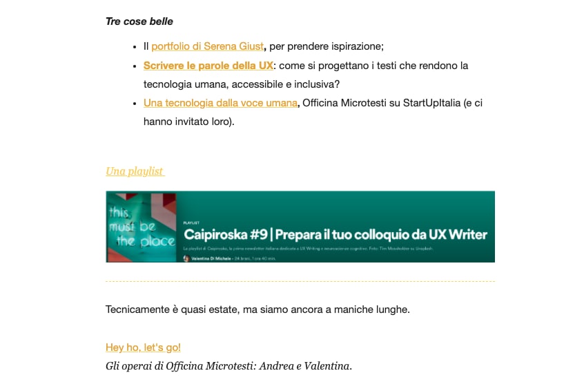 Ciao! Ti ricordi l'ultimo #lunedìwebinar con <a href="/valediemme/">Valentina Di Michele</a> e <a href="/serenagiust/">Serena Giust</a>? 
Beh, "Scrivere le parole della UX" è su Caipirioska, newsletter di Officina Microtesti sullo #UXWriting!
Leggi l'articolo👉medium.com/architecta-soc…
Iscriviti a  Caipirioska👉 officinamicrotesti.it/caipiroska-new…