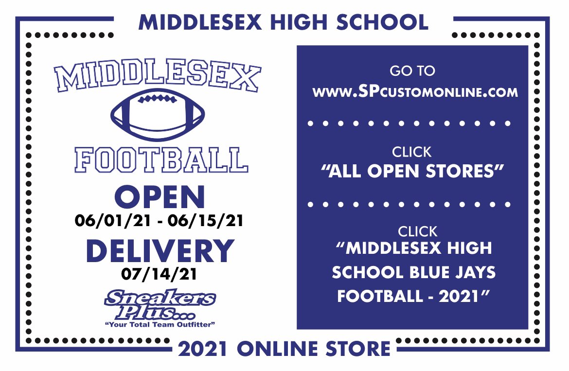 GoJaysFootball's tweet photo. Middlesex Football Team Store is open today until June 15th. Put your order in and get your gear in time for the 2021 season!!! Multiple options, kids sizes available, and delivery right to your house. @GoJaysAthletics #GoBlue #BlueJayNation 

https://t.co/dDJUviu1t4 https://t.co/EkVJ7lNPxu
