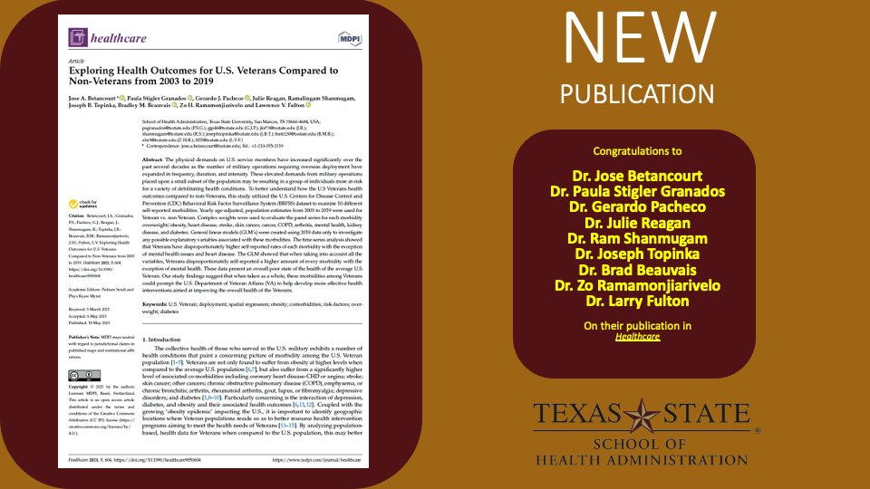 SOHA crushing it again!  Congrats to Dr. Betancourt and his faculty team on their newest publication in Healthcare!  #txst #txstsoha